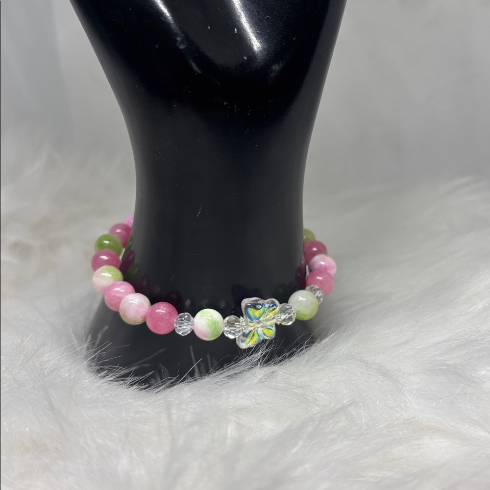 Handmade Pink & Green Jade Butterfly Bracelet Genuine Gemstone Stretch